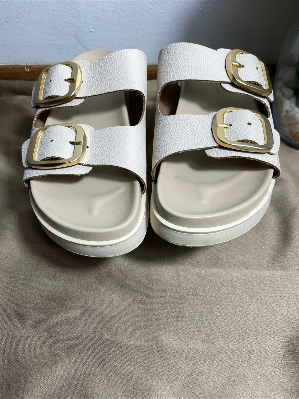 Cristina Francini White Leather Double Buckle Slide Sandals Size 7.5